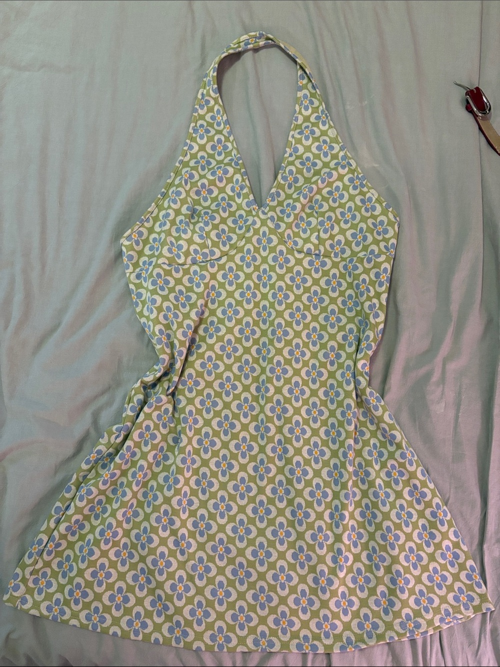 SHEIN Green Halter Mini Dress with Blue & White Floral Motif